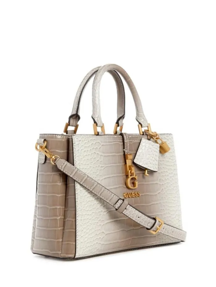 Women GUESS Handbags James Embossed Satchel Rose Goldsmoke Gray