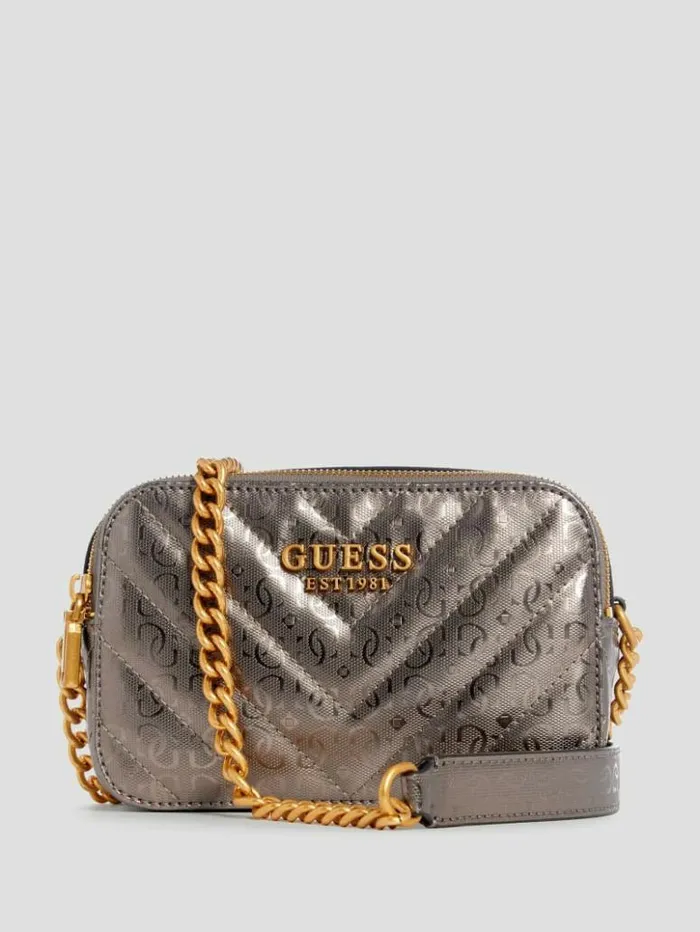 Women GUESS Handbags Jania Metallic Quilted Camera Crossbody Pewter
