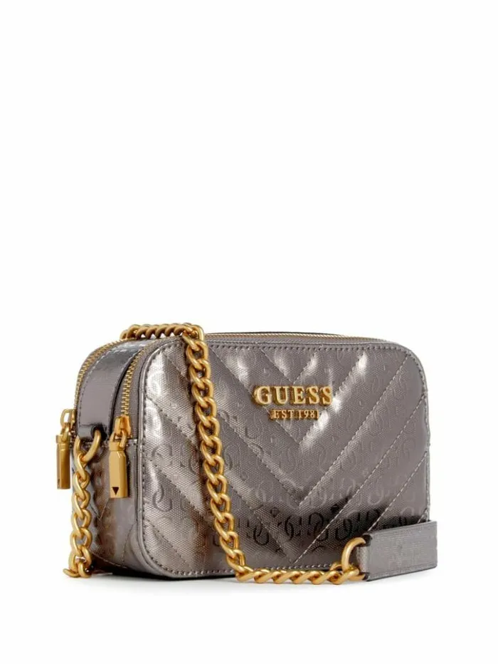 Women GUESS Handbags Jania Metallic Quilted Camera Crossbody Pewter