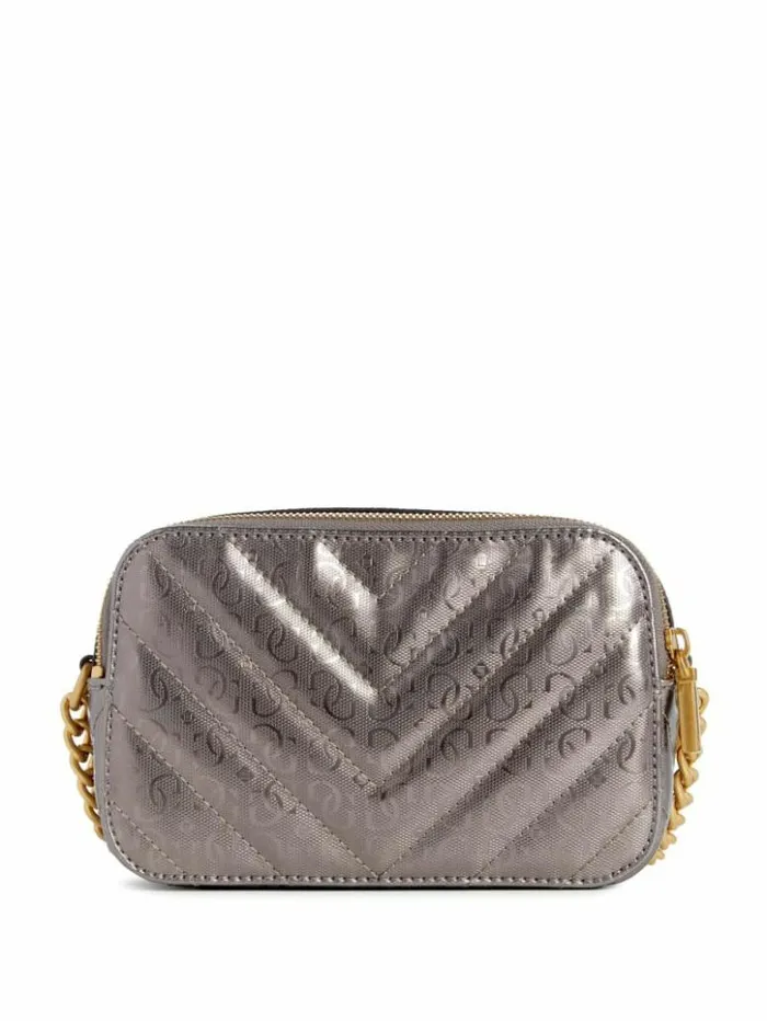 Women GUESS Handbags Jania Metallic Quilted Camera Crossbody Pewter