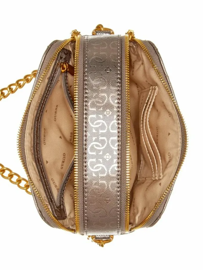 Women GUESS Handbags Jania Metallic Quilted Camera Crossbody Pewter