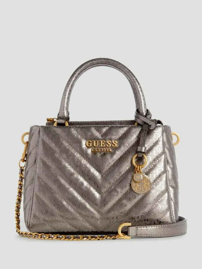 Women GUESS Handbags Jania Metallic Quilted Small Girlfriend Satchel Pewter