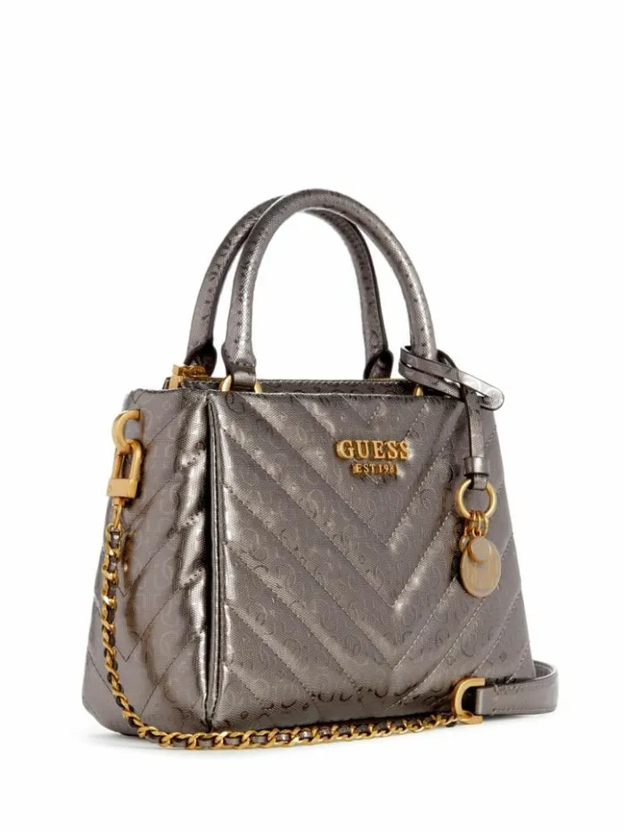Women GUESS Handbags Jania Metallic Quilted Small Girlfriend Satchel Pewter