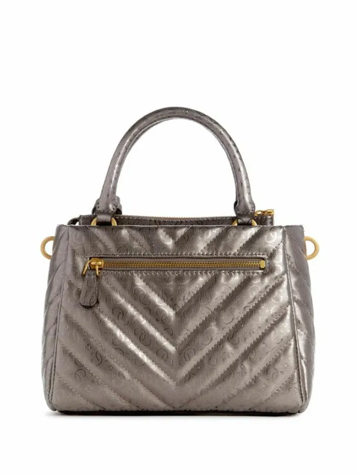 Women GUESS Handbags Jania Metallic Quilted Small Girlfriend Satchel Pewter