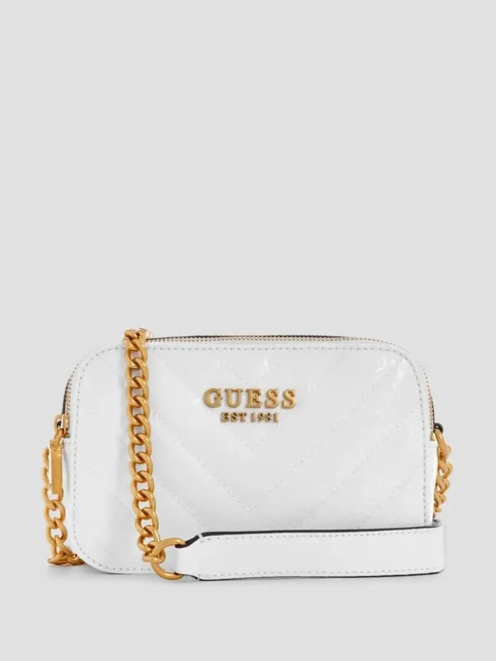 Women GUESS Handbags Jania Quilted Camera Crossbody White