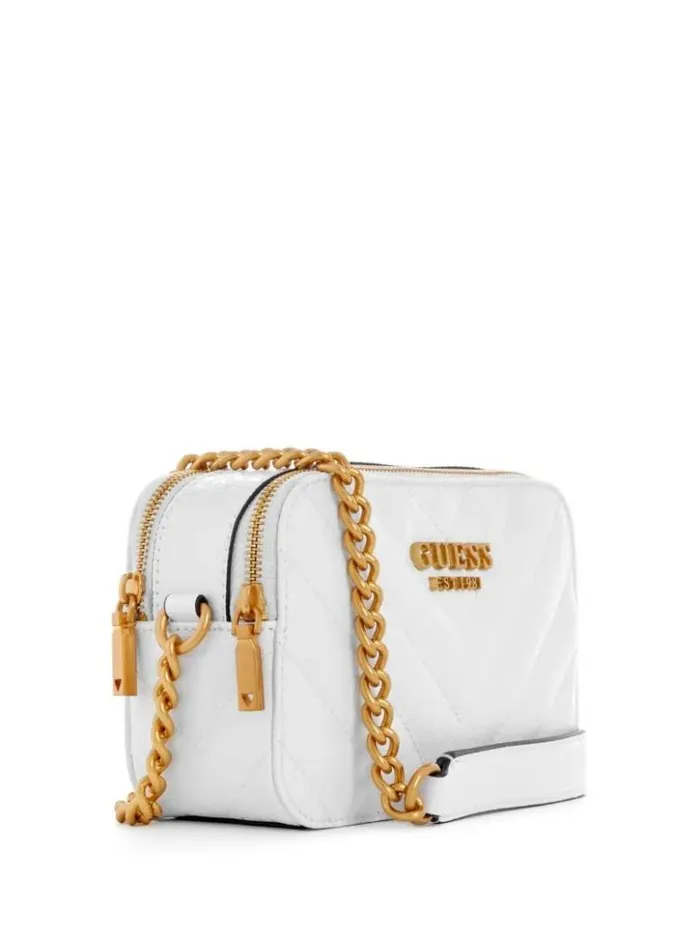 Women GUESS Handbags Jania Quilted Camera Crossbody White