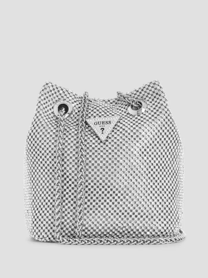 Women GUESS Handbags Lua Rhinestone Mesh Mini Pouch Bag Silver