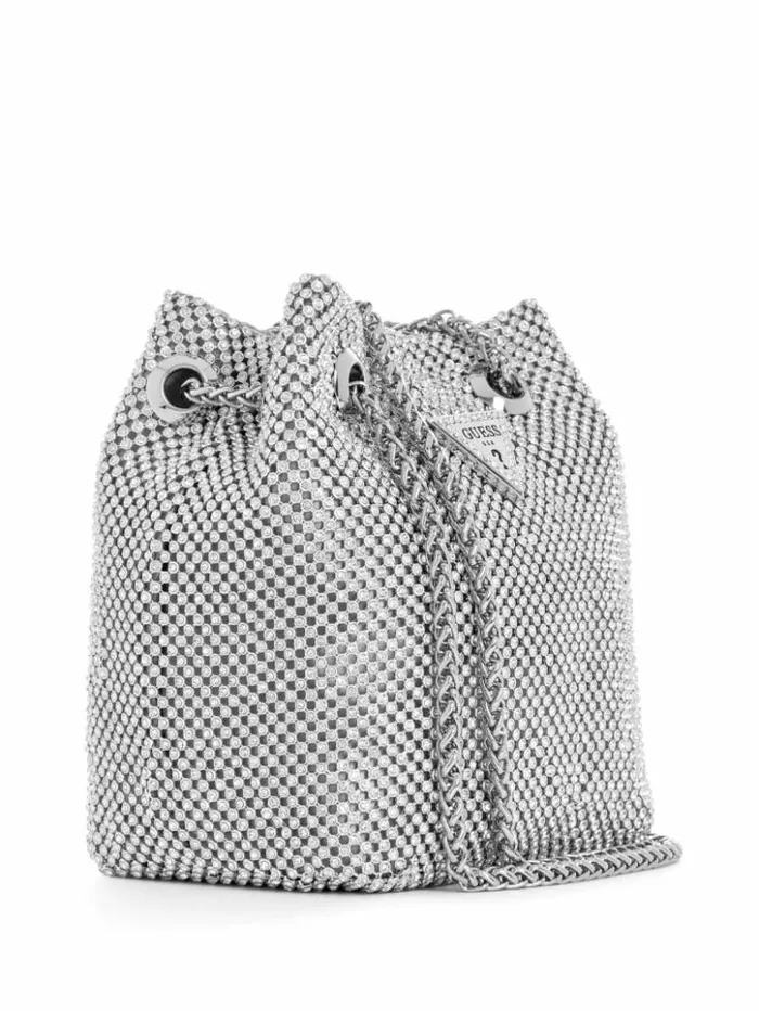 Women GUESS Handbags Lua Rhinestone Mesh Mini Pouch Bag Silver