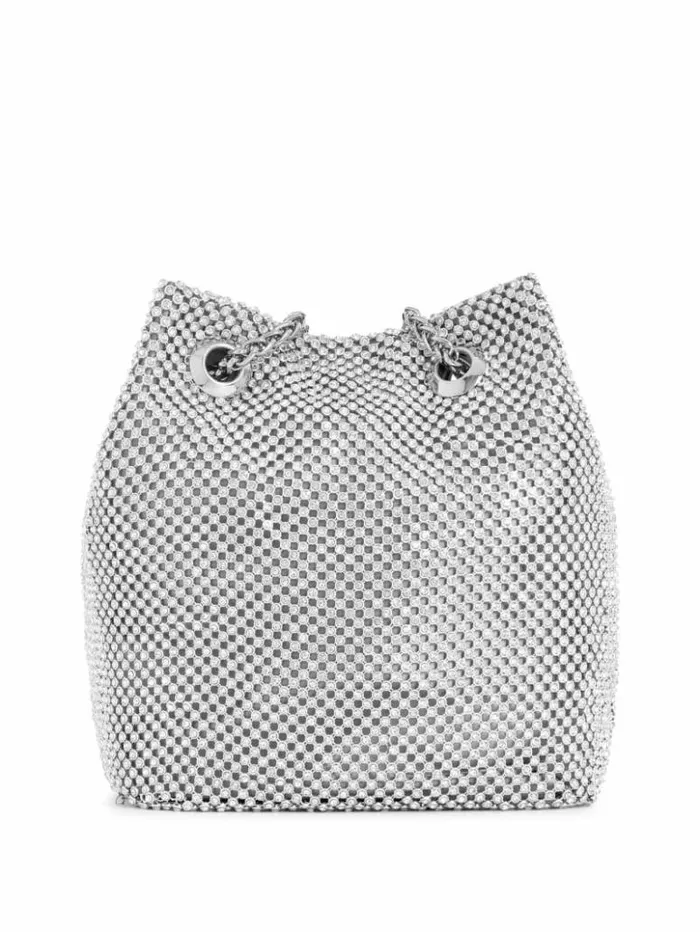 Women GUESS Handbags Lua Rhinestone Mesh Mini Pouch Bag Silver