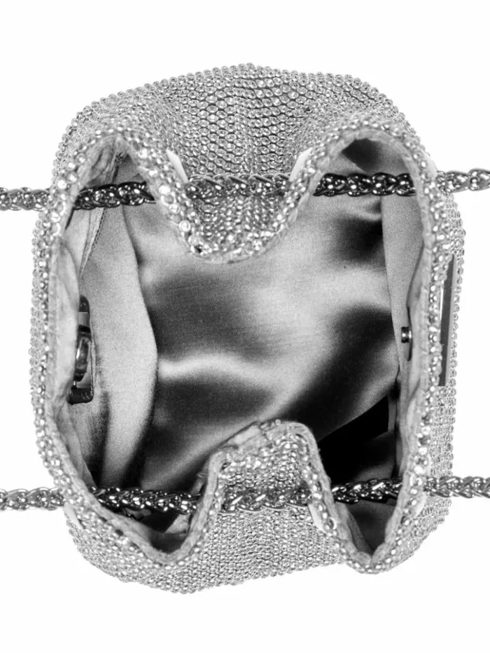 Women GUESS Handbags Lua Rhinestone Mesh Mini Pouch Bag Silver