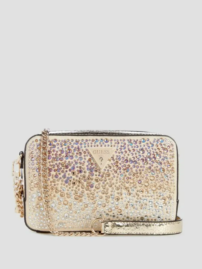 Women GUESS Handbags Lua Rhinestone Mini Crossbody Gold