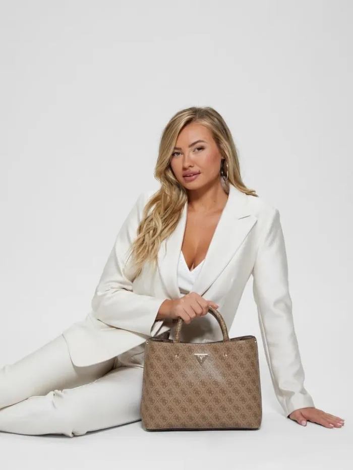 Women GUESS Handbags Meridian Signature Girlfriend Satchel Latte Logo
