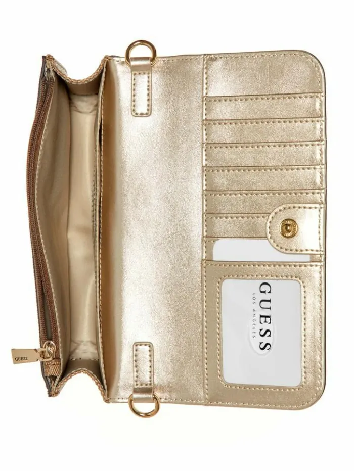Women GUESS Handbags Noelle Quattro G Crossbody Organizer Wallet Latte Logo