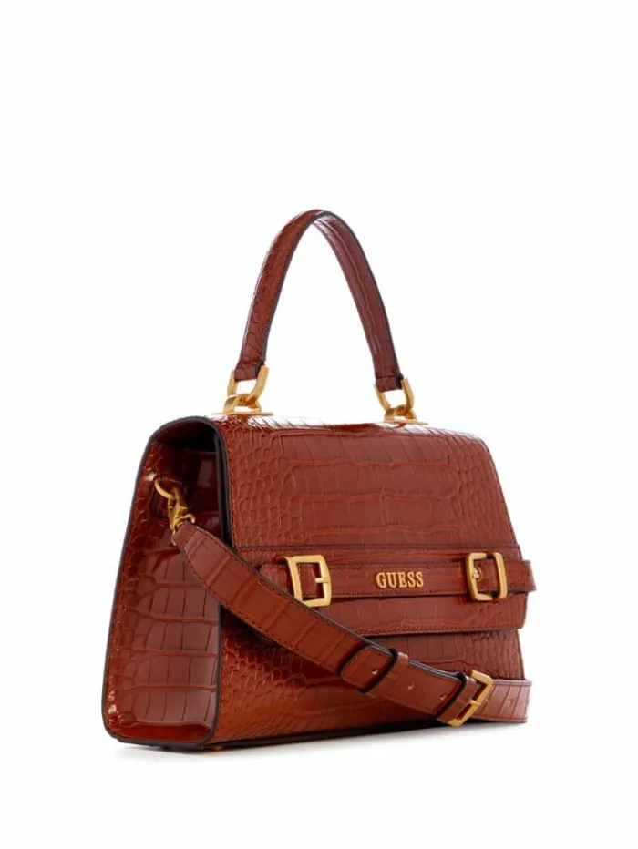 Women GUESS Handbags Sestri CrocodileEmbossed Crossbody Cognac