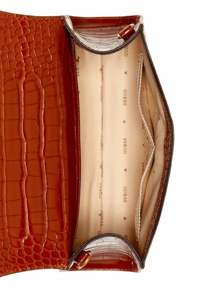 Women GUESS Handbags Sestri CrocodileEmbossed Crossbody Cognac
