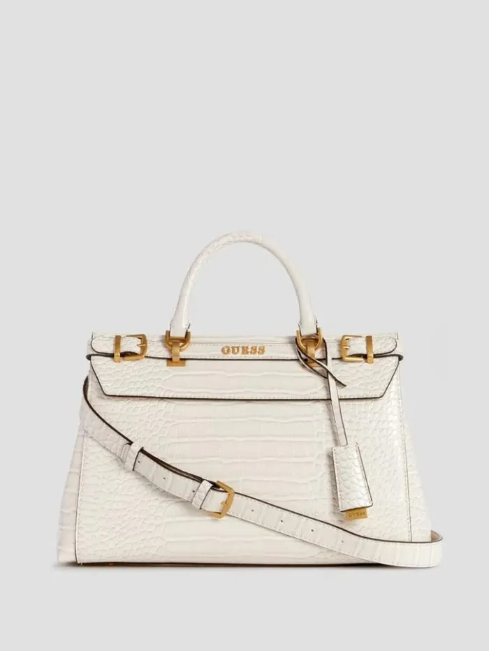 Women GUESS Handbags Sestri CrocodileEmbossed Satchel White