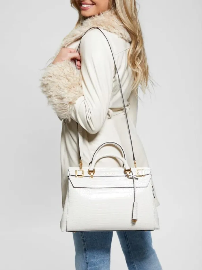 Women GUESS Handbags Sestri CrocodileEmbossed Satchel White