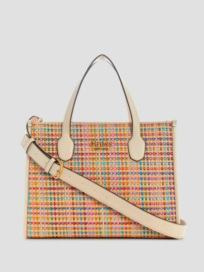 Women GUESS Handbags Silvana Colorful Straw Tote White Multi