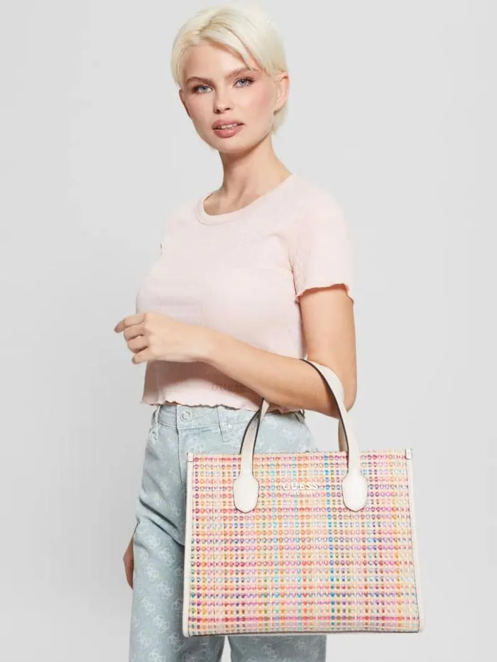 Women GUESS Handbags Silvana Colorful Straw Tote White Multi