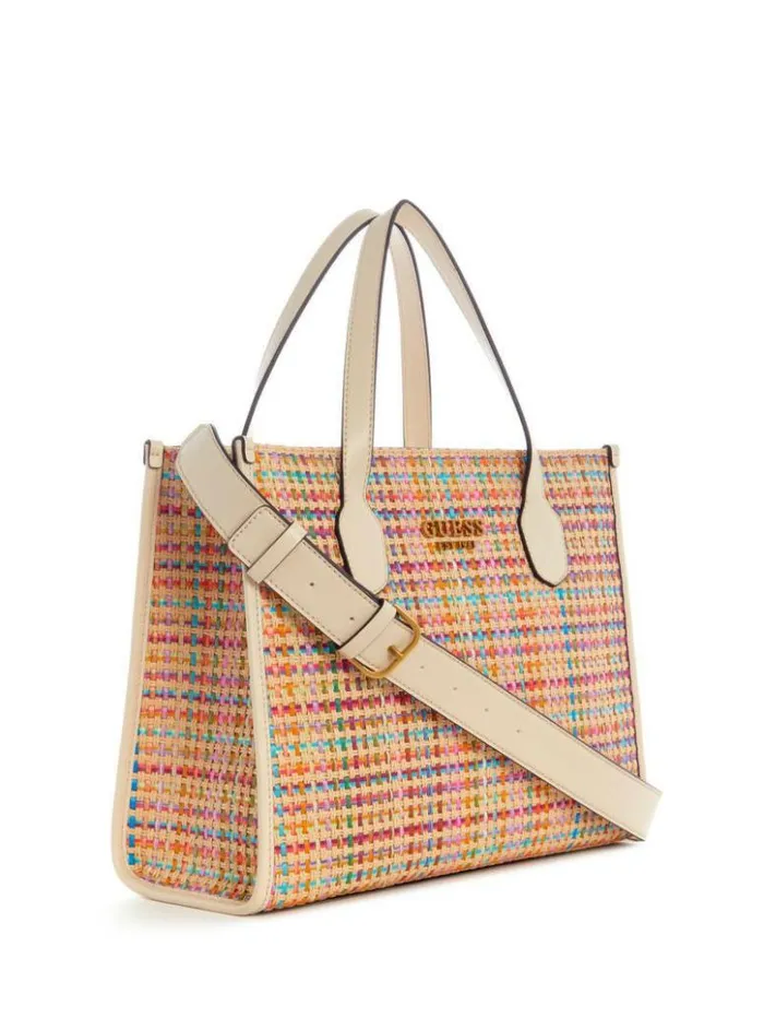 Women GUESS Handbags Silvana Colorful Straw Tote White Multi