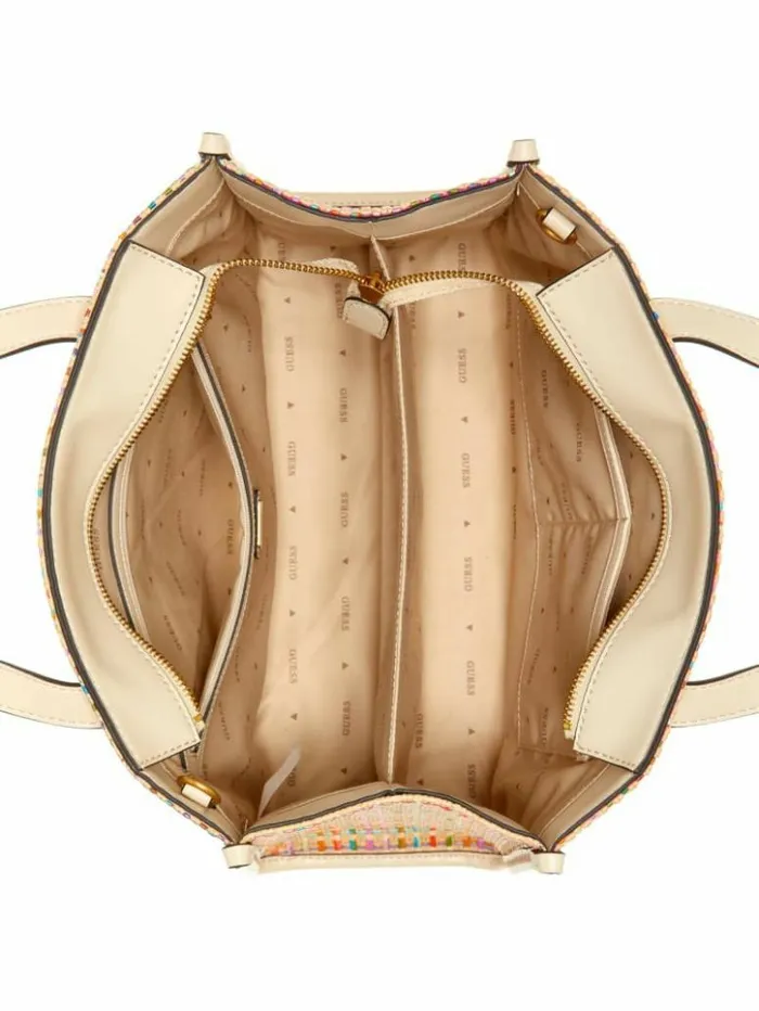 Women GUESS Handbags Silvana Colorful Straw Tote White Multi