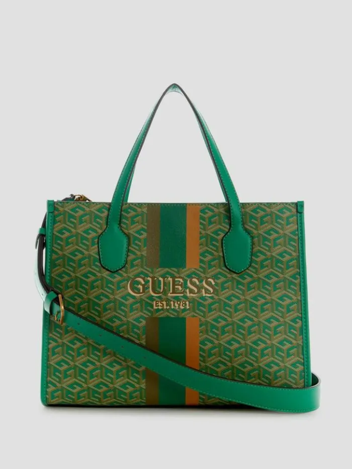 Women GUESS Handbags Silvana G Cube Tote Forest Logo