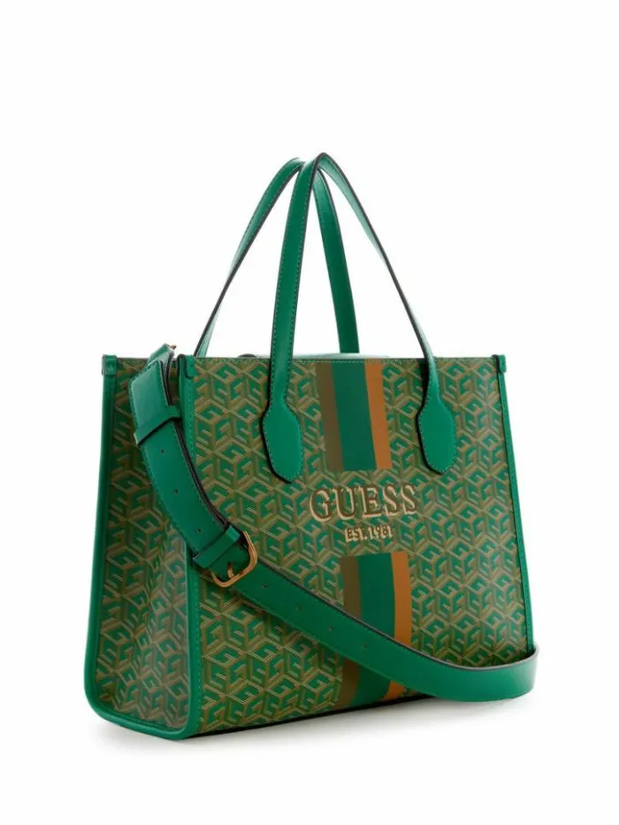 Women GUESS Handbags Silvana G Cube Tote Forest Logo