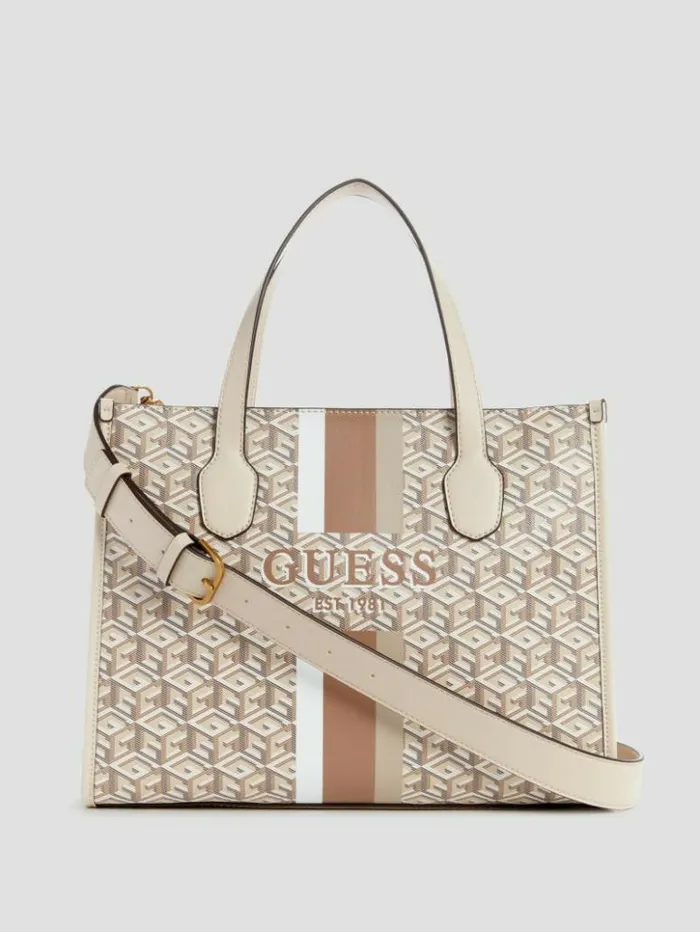 Women GUESS Handbags Silvana G Cube Tote Saddle