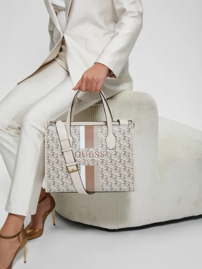 Women GUESS Handbags Silvana G Cube Tote Saddle