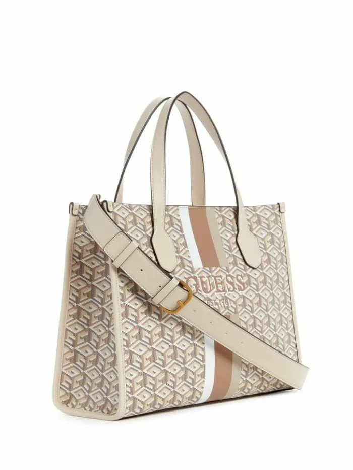 Women GUESS Handbags Silvana G Cube Tote Saddle
