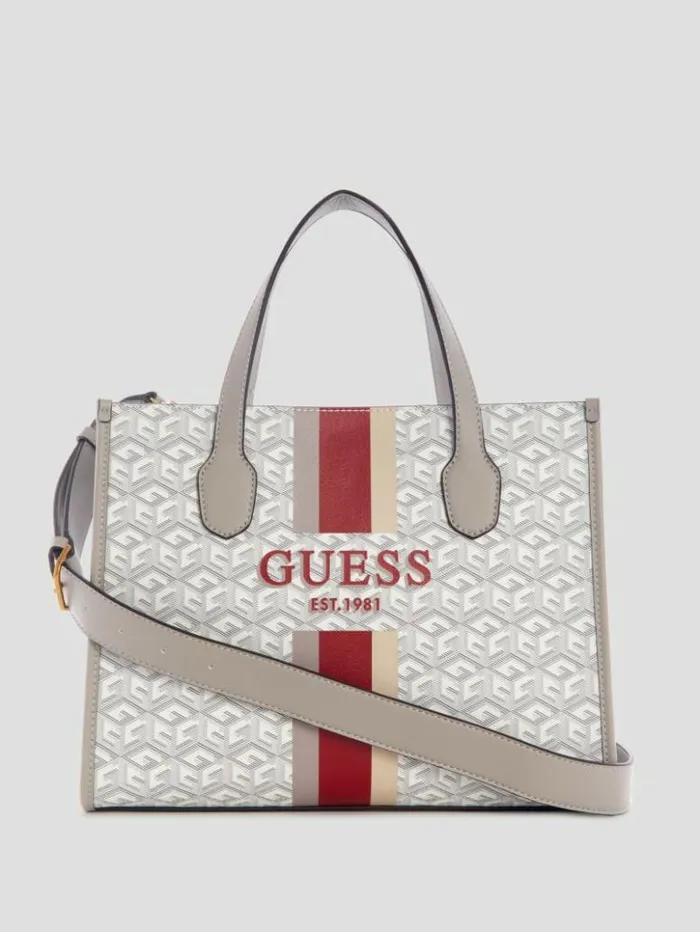 Women GUESS Handbags Silvana G Cube Tote Steel