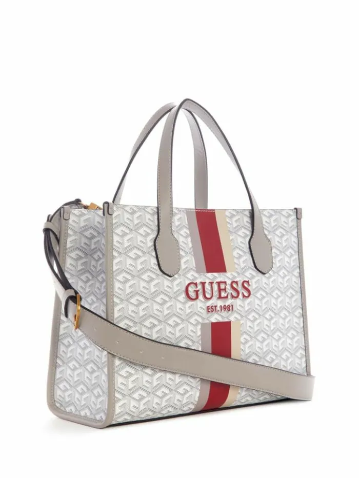 Women GUESS Handbags Silvana G Cube Tote Steel
