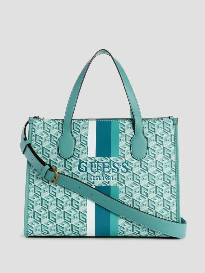 Women GUESS Handbags Silvana G Cube Tote Trinidad Indigo Wash