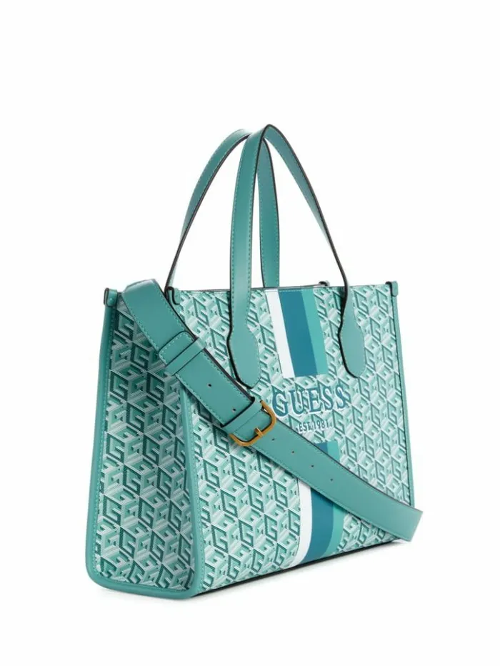 Women GUESS Handbags Silvana G Cube Tote Trinidad Indigo Wash