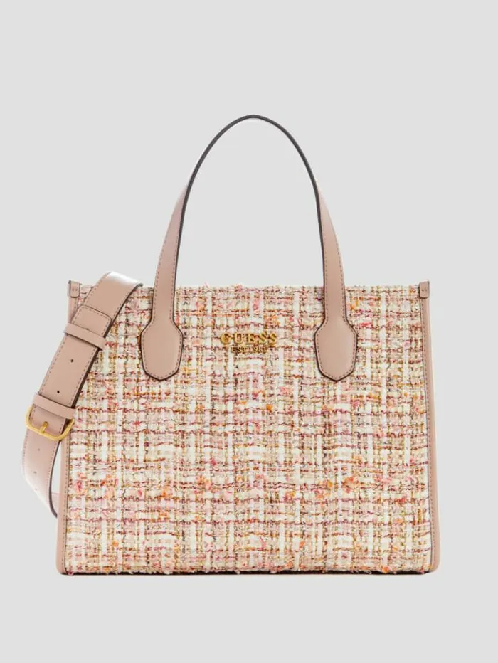 Women GUESS Handbags Silvana Tweed Tote Asp Green