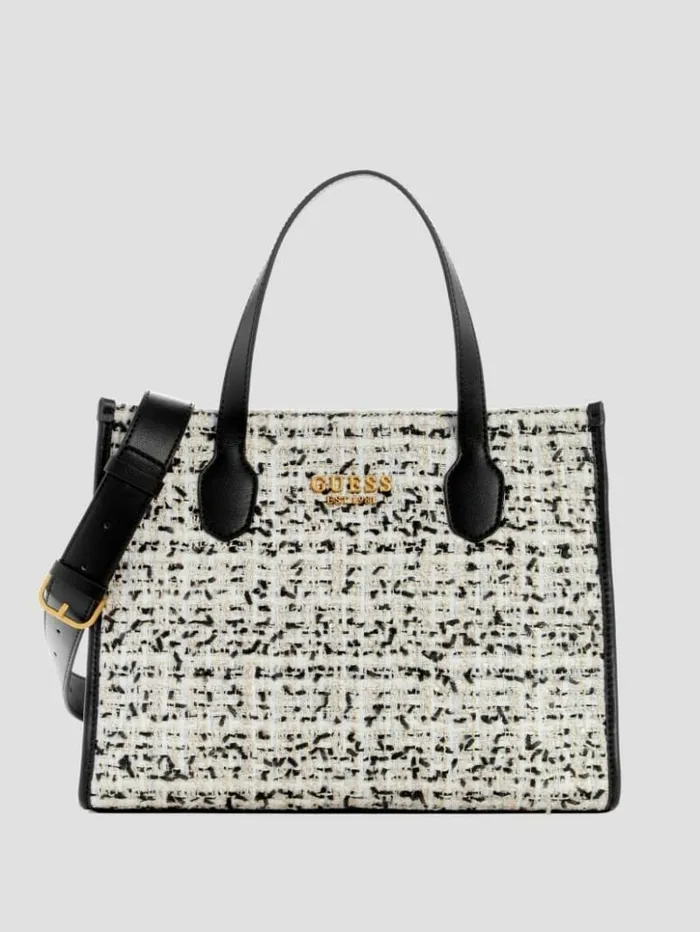 Women GUESS Handbags Silvana Tweed Tote Cream Multi