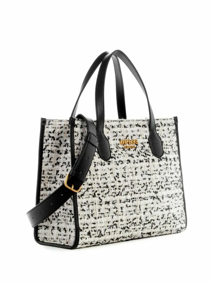 Women GUESS Handbags Silvana Tweed Tote Cream Multi