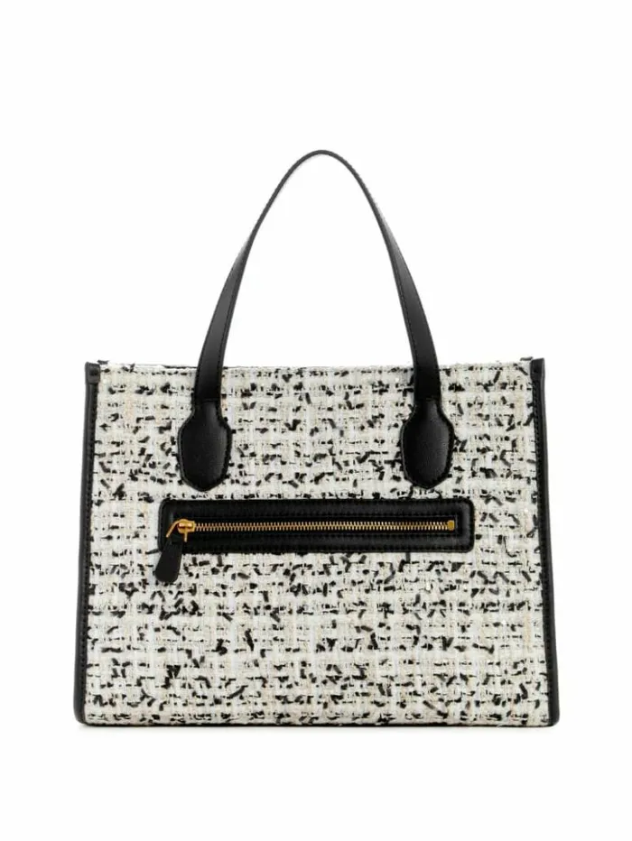 Women GUESS Handbags Silvana Tweed Tote Cream Multi