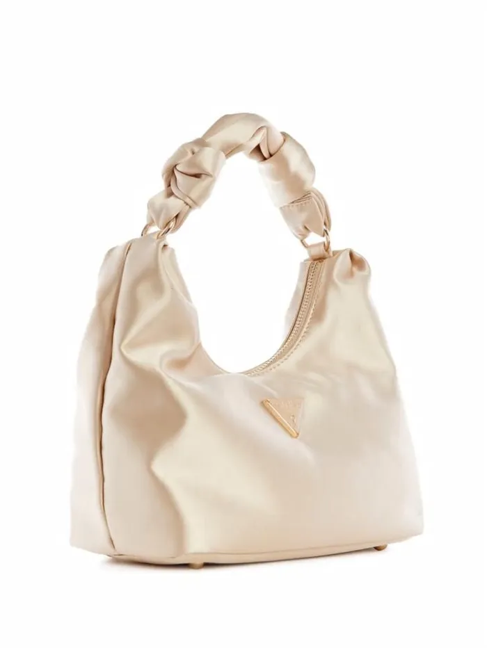 Women GUESS Handbags Velina Satin Hobo Bag Pale Gold