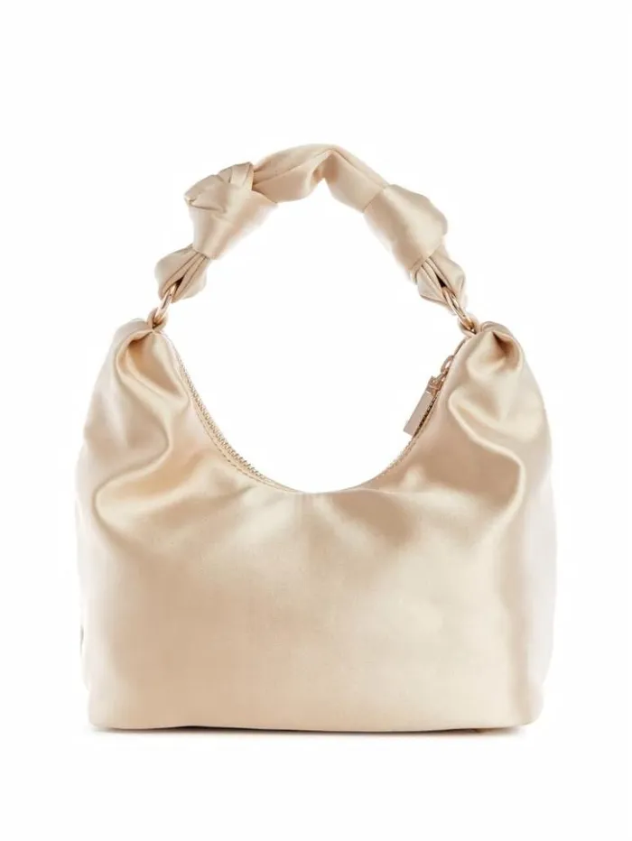 Women GUESS Handbags Velina Satin Hobo Bag Pale Gold