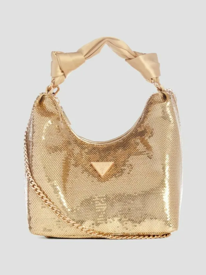 Women GUESS Handbags Velina Sequin Hobo Bag Gold