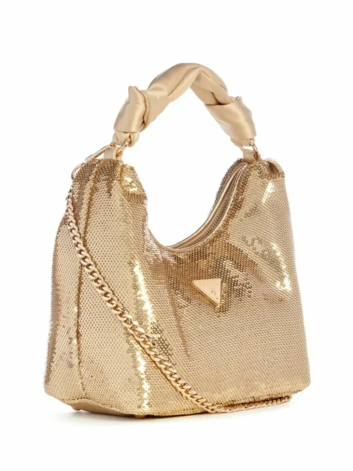 Women GUESS Handbags Velina Sequin Hobo Bag Gold