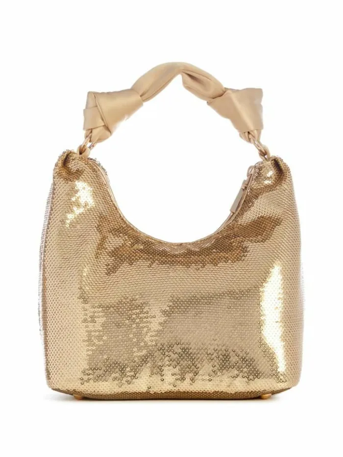 Women GUESS Handbags Velina Sequin Hobo Bag Gold
