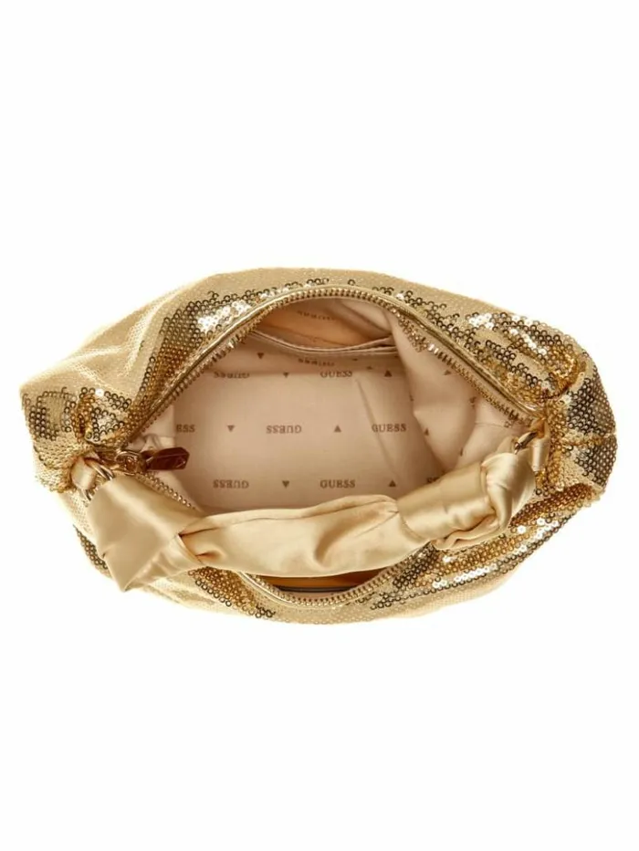 Women GUESS Handbags Velina Sequin Hobo Bag Gold