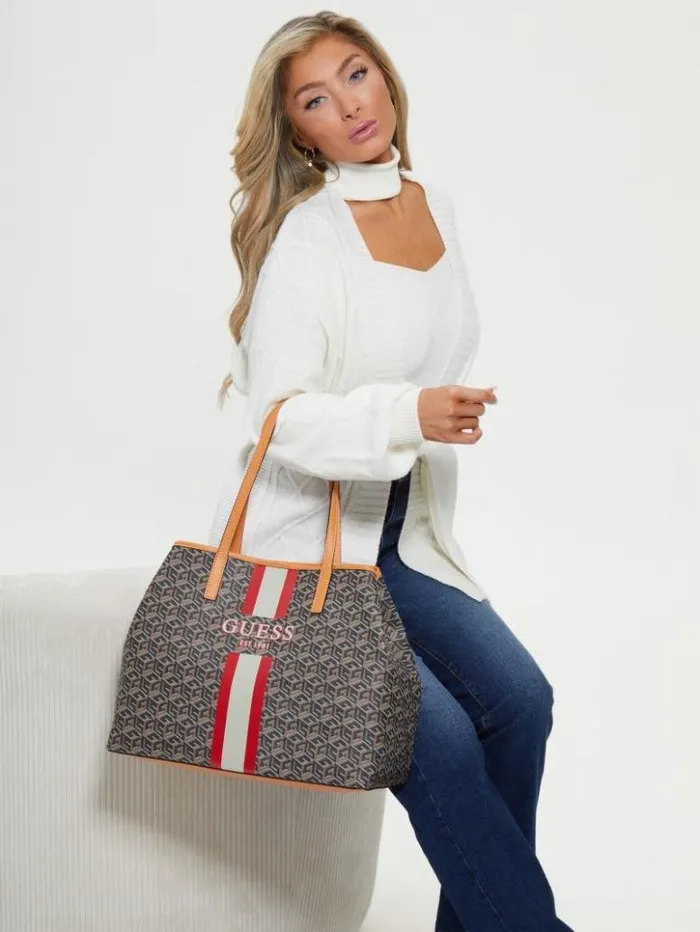 Women GUESS Handbags Vikky Large Tote Black Gold