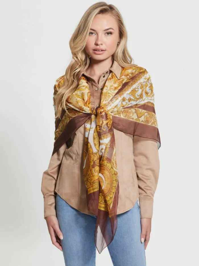 Women GUESS Hats and Scarves Eryn Sheer Silk Scarf Brown