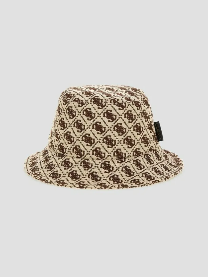 Women GUESS Hats and Scarves Izzy Jacquard Quattro G Bucket Hat Brown Multi