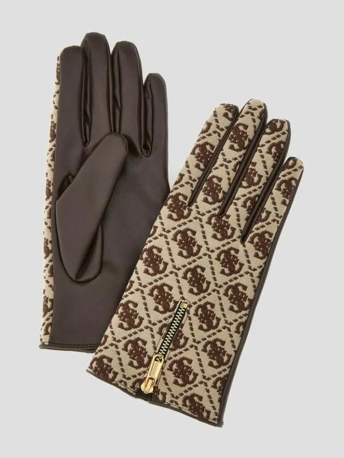 Women GUESS Hats and Scarves Izzy Jacquard Quattro G Gloves Brown Multi