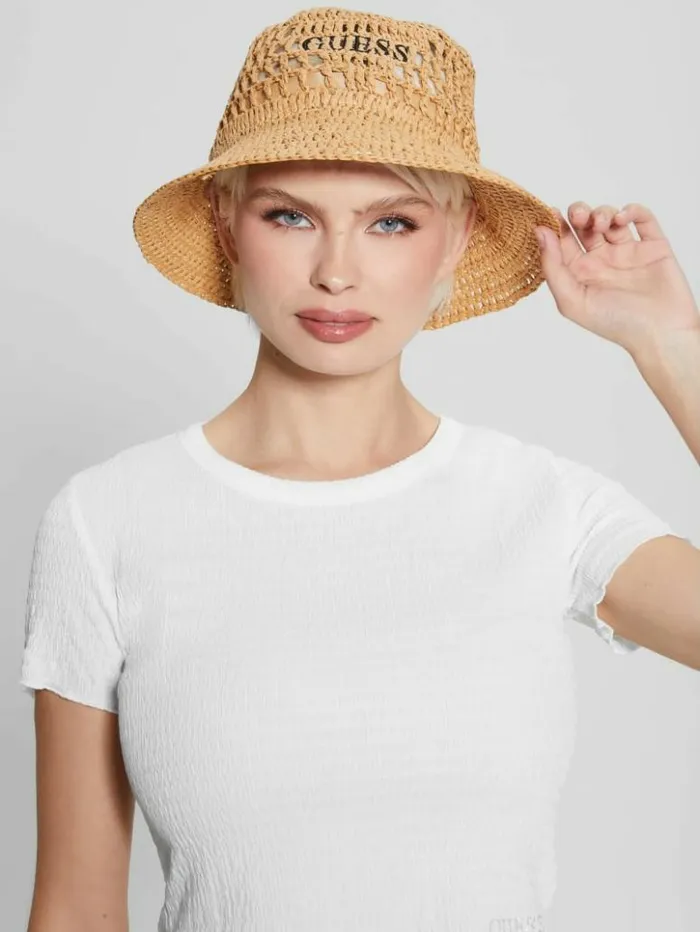 Women GUESS Hats and Scarves Mirage Straw Bucket Hat White