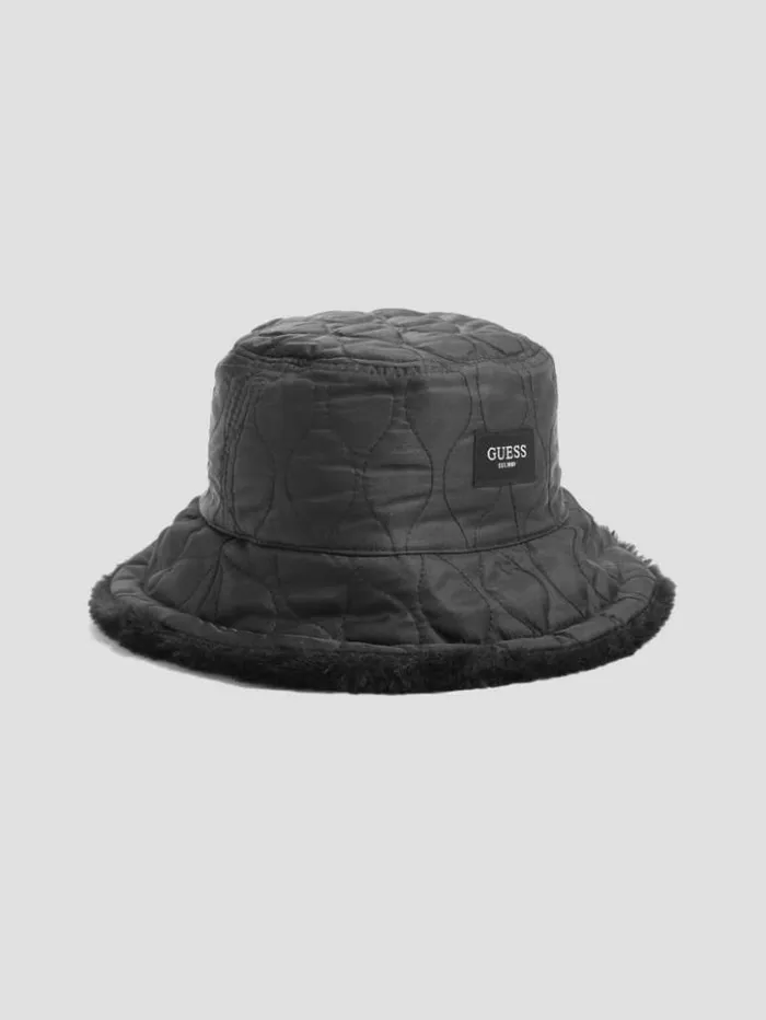Women GUESS Hats and Scarves Reversible FauxFur Bucket Hat Black